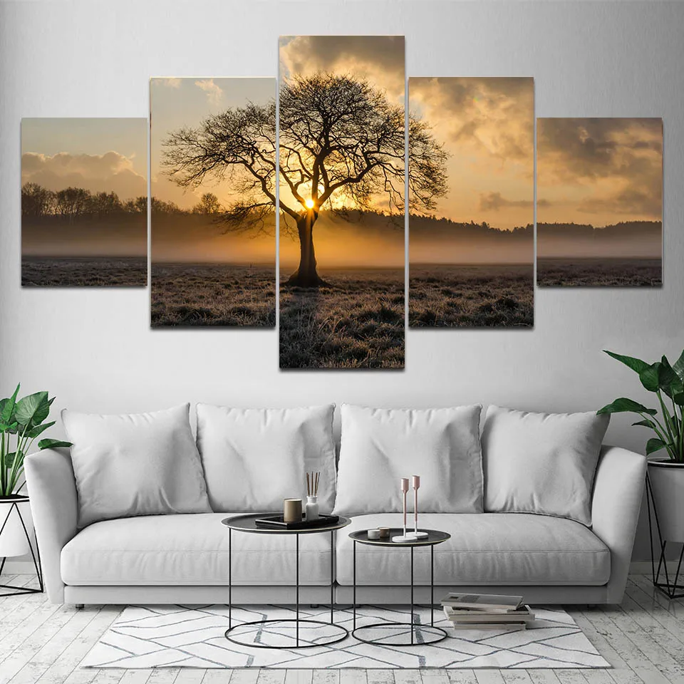 

5 панелей, ландшафт, природа, одиночное дерево, рассвет, планшетов и принтов, настенные художественные картины, Декор для дома, без рамки