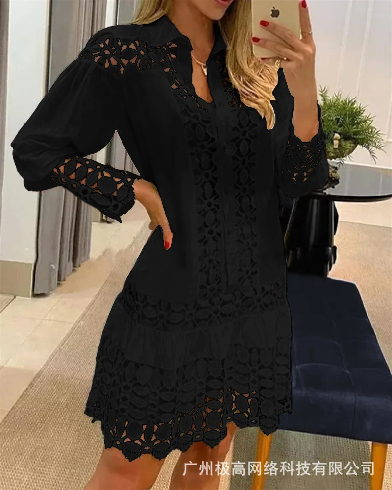 

Women Long Sleeve Solid Color Mini Dress Guipure Lace Patch Shirt Dress With Cami Dress Hollow Out High Waist