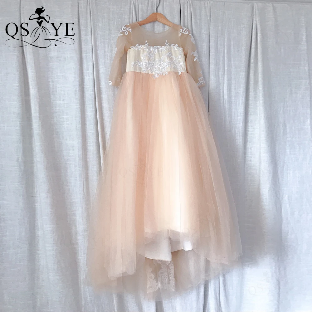 

Long Sleeves Champagne Flower Girl Dress Appliques White Lace Princess Prom Tulle Child Party Dress Bow Knot Kids Pageant Gown