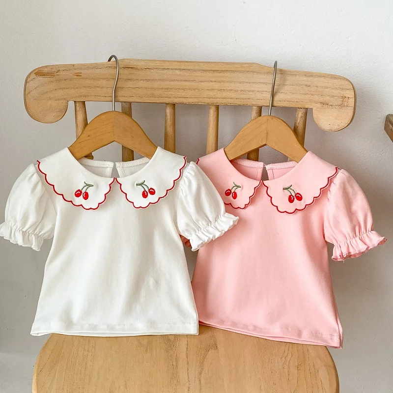 

2023 Summer Baby Girl T-shirt 0-3Years Newborn Kids Short Sleeve Cherry Embroidery Peter Pan Collar Cotton Tee Tops Clothes