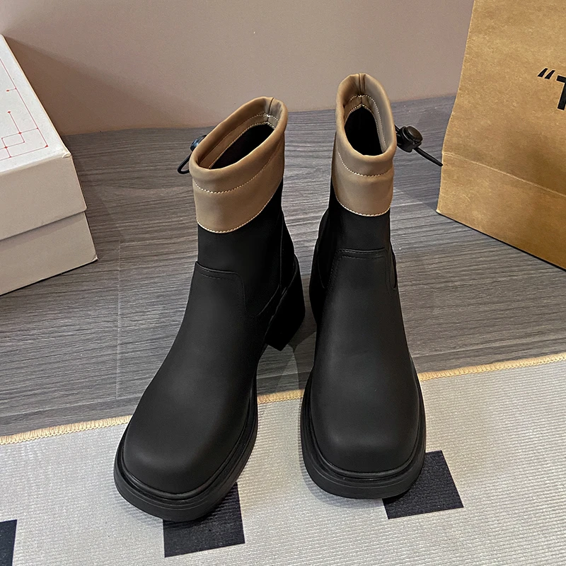 

Женские кожаные ботинки на толстой подошве, водонепроницаемые ботинки на платформе с круглым носком, подходящие по цвету, зима 2023