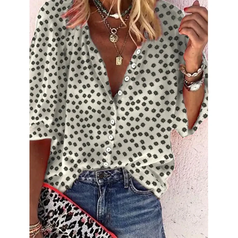 

Летние свободные женские рубашки с цветочным принтом, офисные блузки с длинным рукавом и V-образным вырезом, повседневные женские кардиганы для покупок, блузка