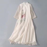 2022 spring and summer dress chinese style retro standing collar agate button hand painted patterns loose casual zen dress g374