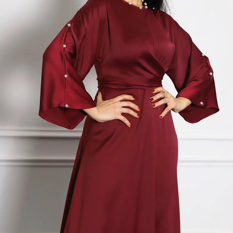 New Middle East Dubai Ramadan Satin Lotus Sleeve Dress Muslim Woman Robe Femme Musulmane Abaya Turkey Long Dresses