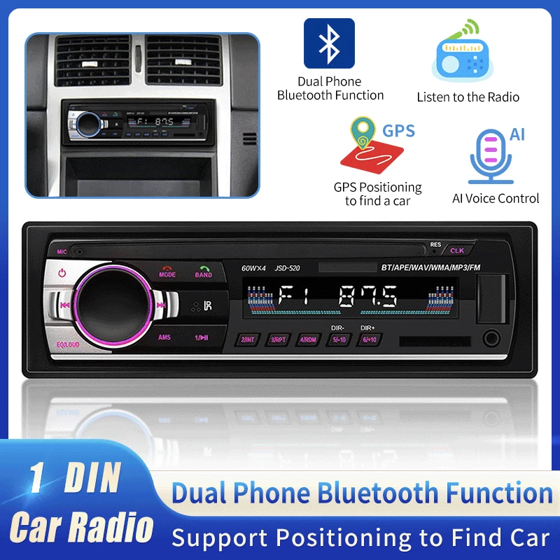 JSD-520 Car Radio 1 Din Bluetooth Autoradio MP3 Player Automotivo Remote Control Digital Audio Music 12V Stereo Receiver |