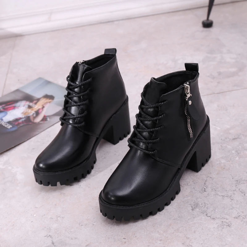 Platform Winter Boots Women Shoes Zipper Cross-tied Square 7.5cm Heel New Round Toe Ankle Boots For Women Ladies Shoes