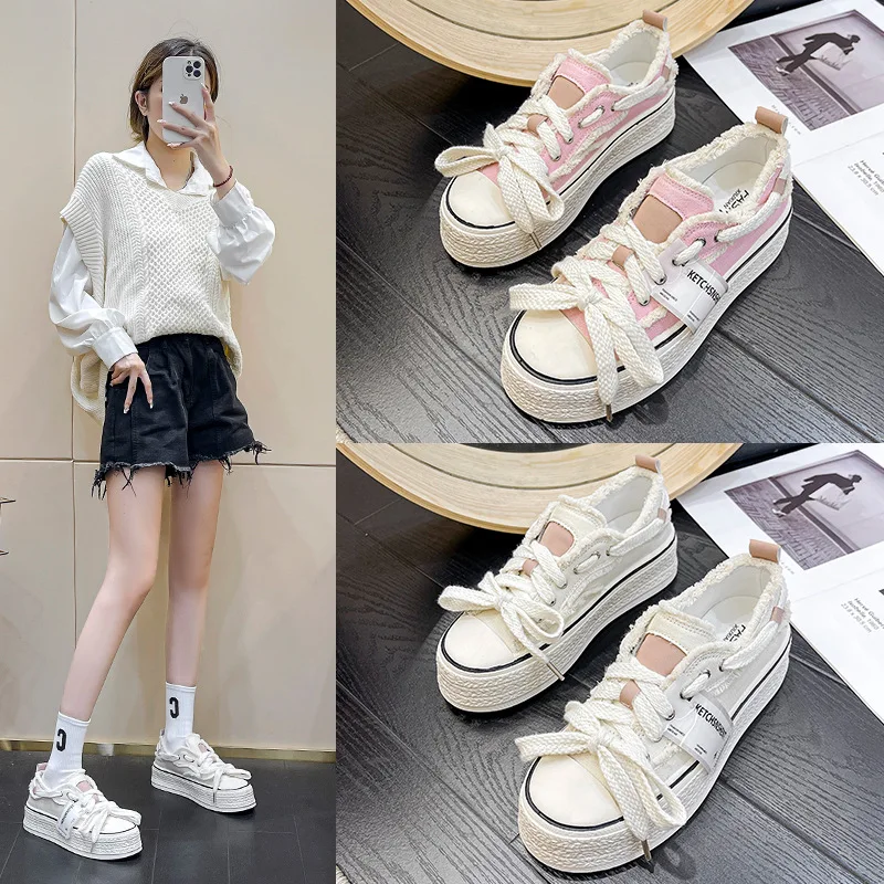 

Новая повседневная модная женская обувь на толстой подошве, Ранняя осень, сетчатые повседневные спортивные туфли, модные женские холщовые ...