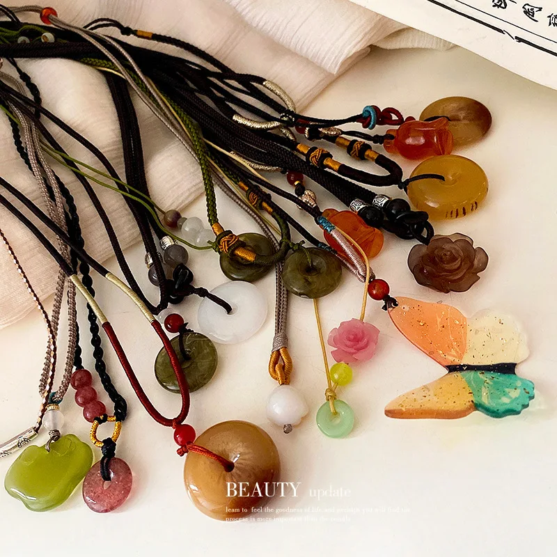 

Women's Chinese Style Jewelry Classic Vintage Resin Pendant Necklace Exaggerated Colorful Flower Necklaces Trendy Neck Chain