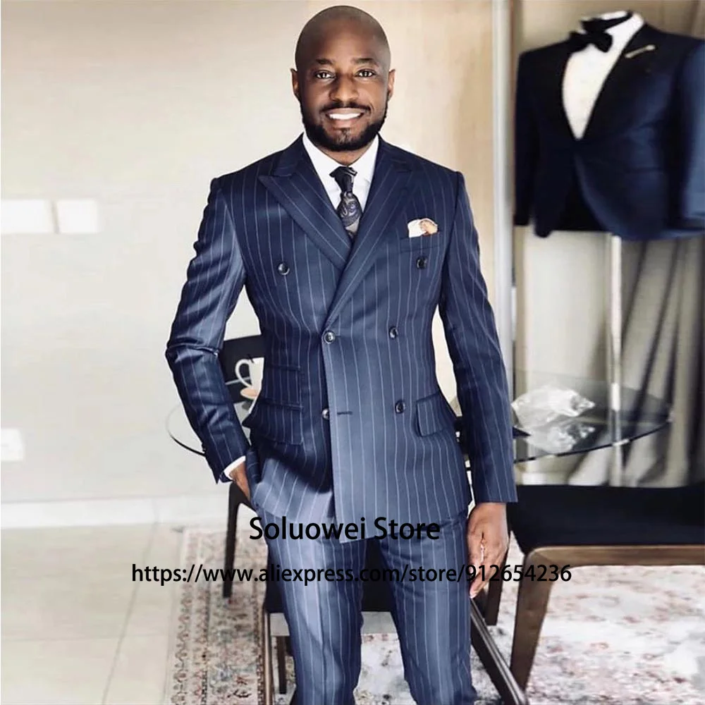 

Navy Blue Stripe Suits For Men Double Breasted 2 Piece Jacket Pants Set Groom Wedding Peaked Lapel Tuxedo Formal Business Blazer