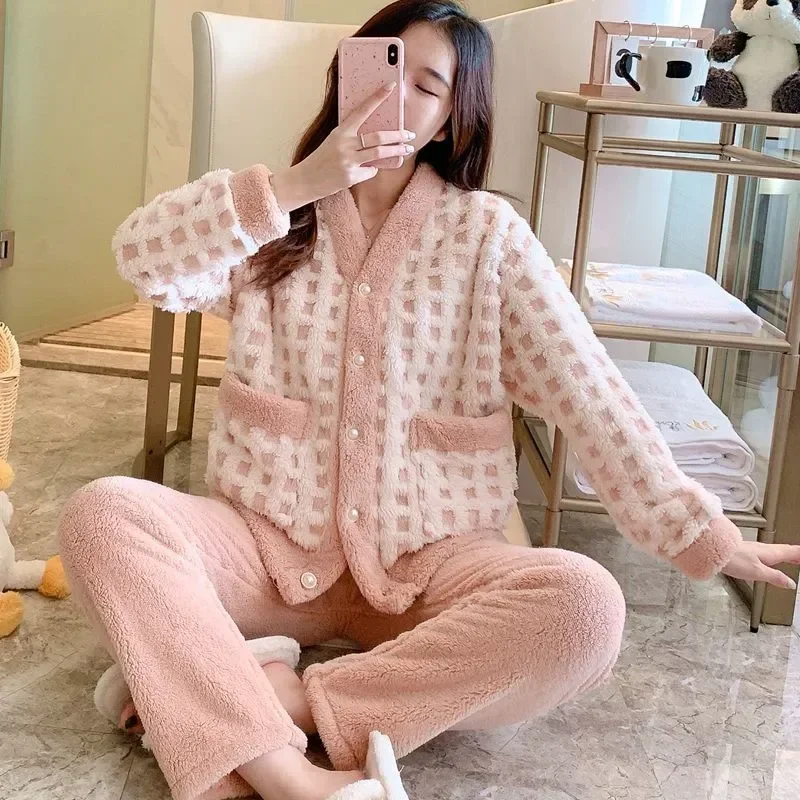

2023 Wear V-neck Home Plaid Fluffy Pant 2 Fleece Suit Warm Winter Pocket Piiama Fashion Sleepwear Pajamas Set Night Piece Women