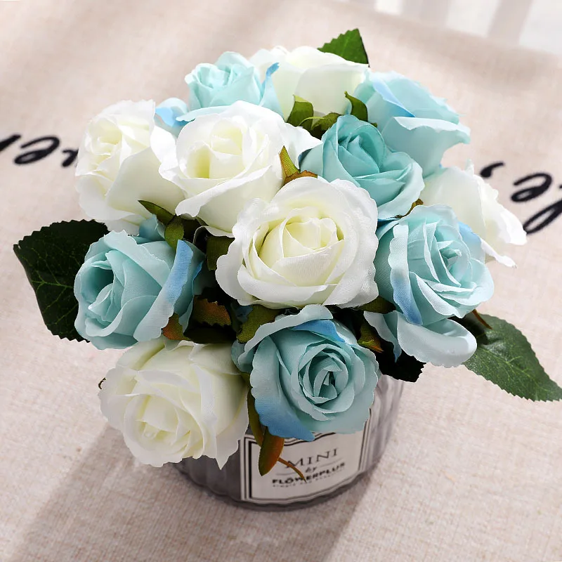 

Simulation Green Plant Flower Arrangement Artificial Silk Roses Bunch Wedding Bouquet Home Living Room Garden Small Rose Decor