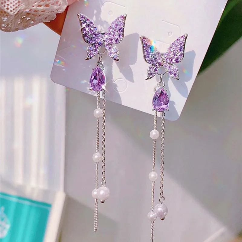 

Amethyst Butterfly Pearl Tassel Earrings for Women Ear Jewelry Accessories Korean Fashion Girls Stud Earrings Diamond Earrings