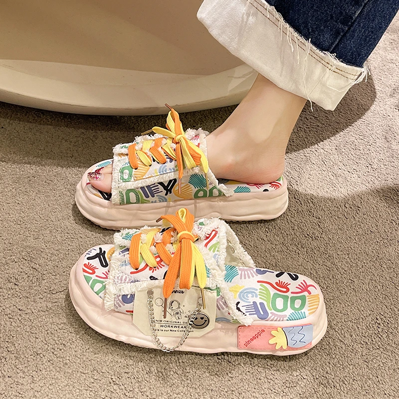 Summer Women Slippers Sweet Creative Canvas Chains Smiley Clogs Fashion Lace-up Platform Chunky Indoor Home Slides Flip Flops 35