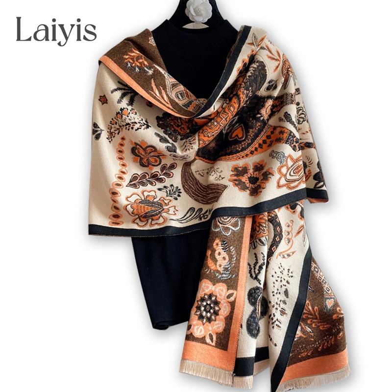 

Winter Cashmere Scarf Women Echarpe Thick Shawls Wraps Female Warm Pashmina Poncho Design Print Bufanda Stoles Blanket 2022