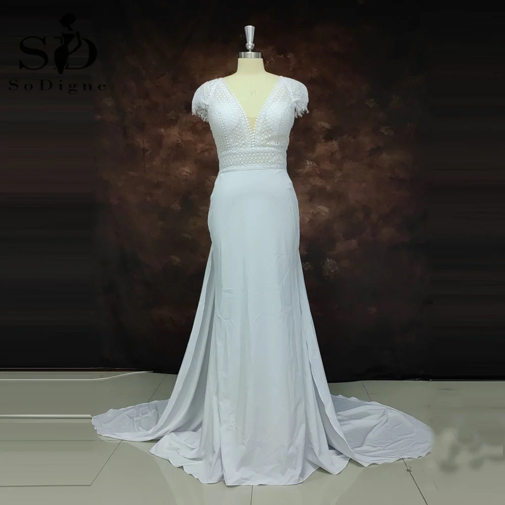 

SoDigne Mermaid Lace Wedding Dress Sexy Deep V-Neck Lace Appliques Chiffon Robe De Mariée Cap Sleeves Custom Bride Dresses