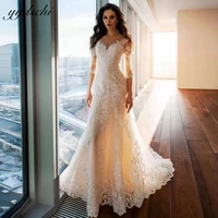 elegant champagne lace appliques illusion half sleeves a line wedding dresses 2022 sweetheart bridal gowns vestidos de novia