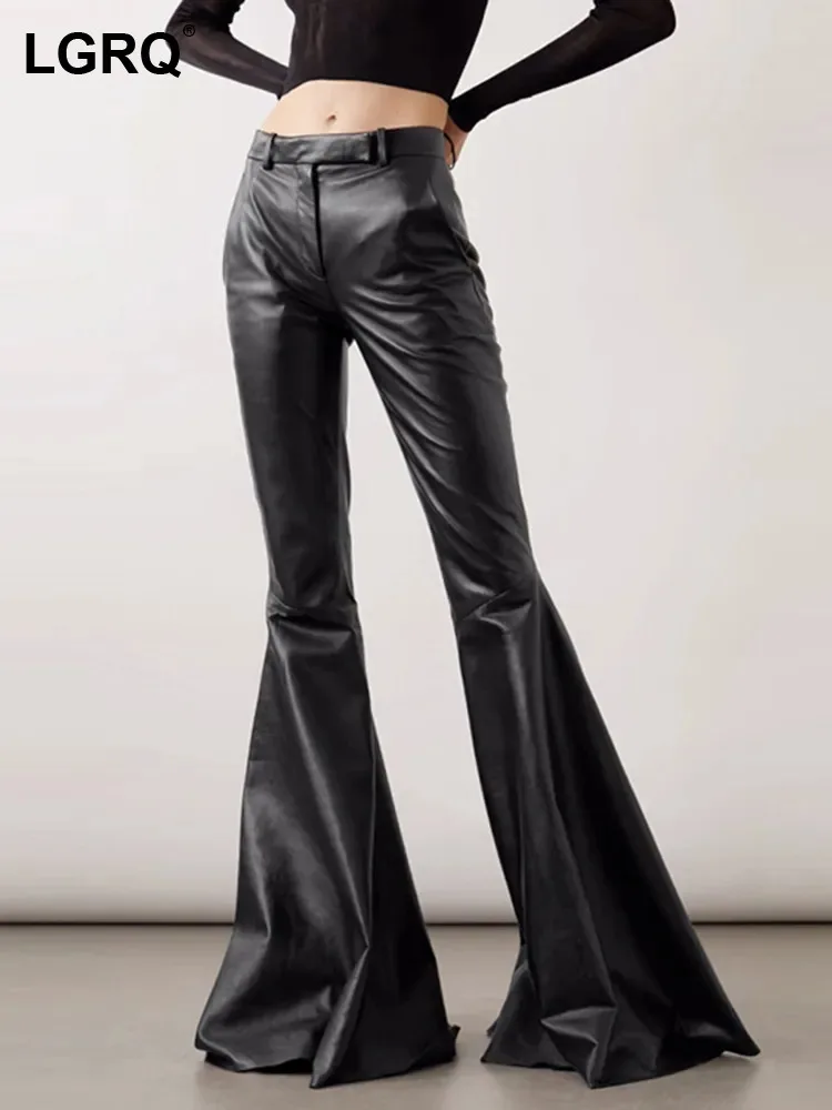 

LGRQ 2023 New Fashion Slim Fitting Personality Leather Pants Women's High Quality PU Original Design Female Bell-bottoms 19F4214