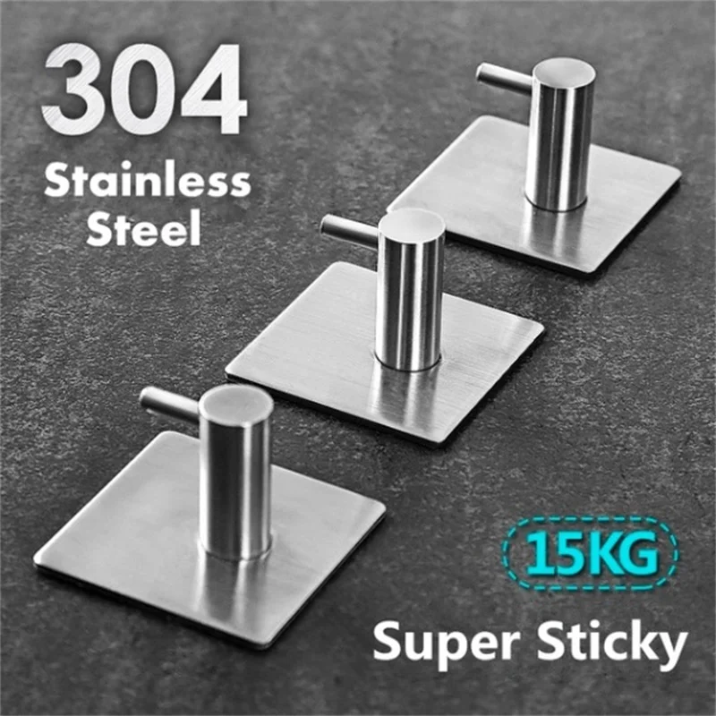 

Strong Adhesive Sticker Stainless Steel Hooks Wall Door Clothes Coat Hat Hanger Kitchen Bathroom Rustproof Towel Hooks