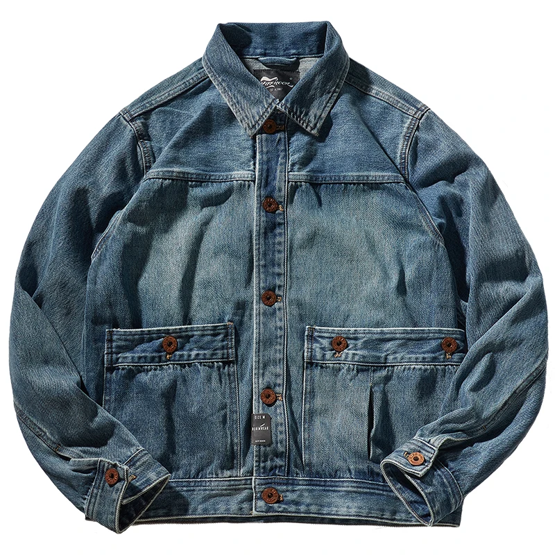 

Japanese retro heavy denim washed to make old jackets Men's Amikaji American casual pocket tooling jacket tide