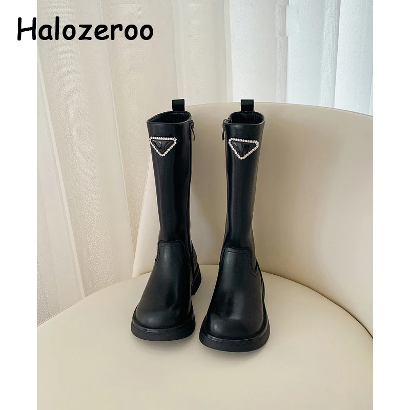 

New Kids Fashion Boots Baby Girls Knee High Shoes Children Brand Princess Boots Leather Boots Black Rhinestone Platform Winter