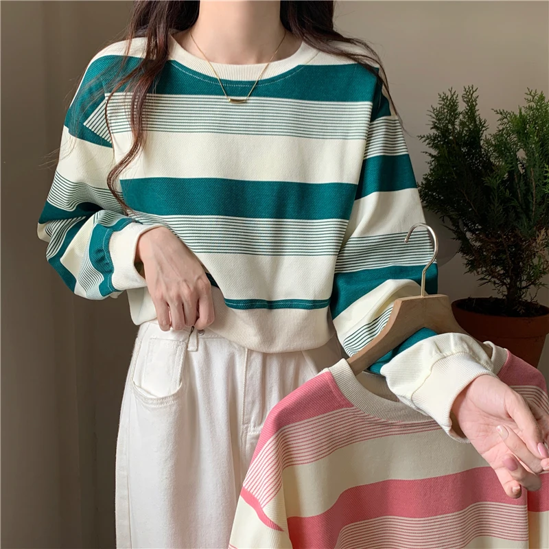 

korean kawaii crop top casual loose stripe Long Sleeve O Neck hoodies Women thin Sweatshirt female clothing young girls y2k Tops
