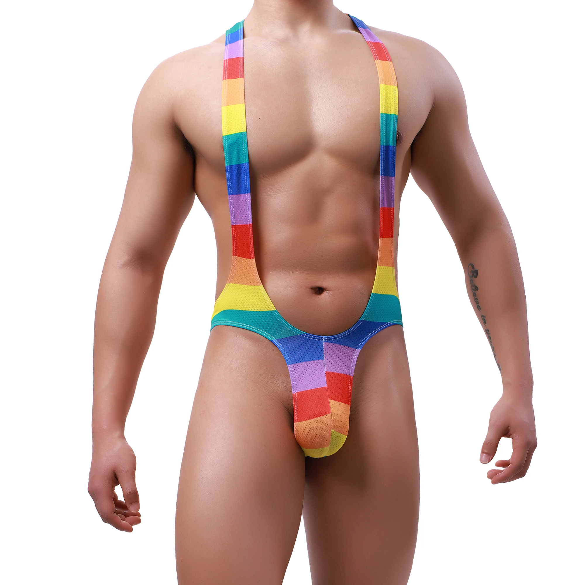 YUFEIDA Sexy Men Undershirt Rianbow Printed Jumpsuit Jock Strap Wrestling Singlet Bodysuits Gay Male Leotard T-back Thong Romper