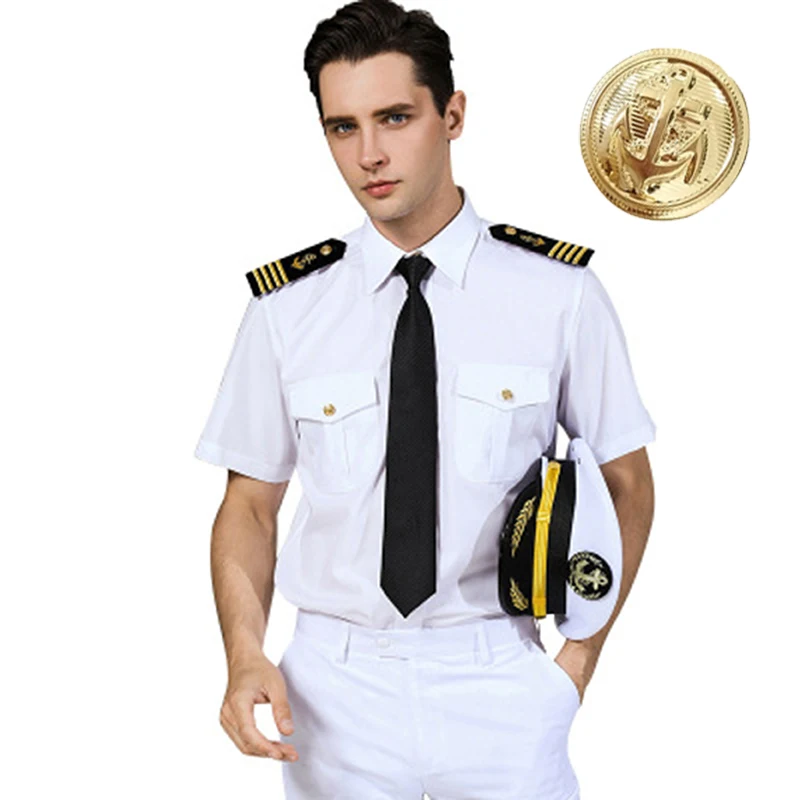 Super Quality Navy Military Uniform Yacht Captain Pilot Shirt Mens White Airline Pilot Uniforms