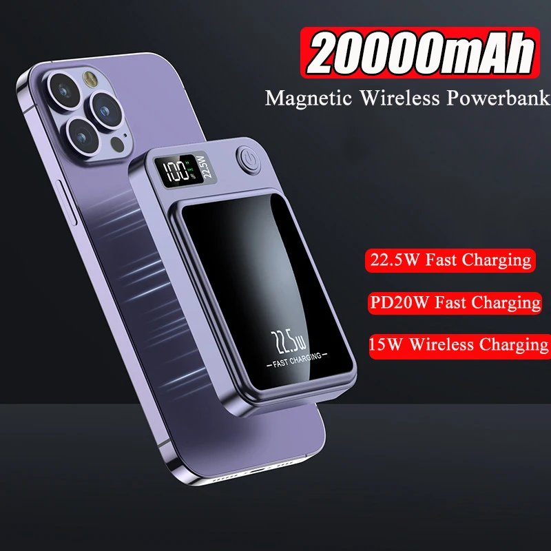 

Power Bank 20000mAh Qi Magnetic Wireless Charger Powerbank 22.5W Fast Charging for iPhone 14 13 12 Pro Huawei Samsung Poverbank
