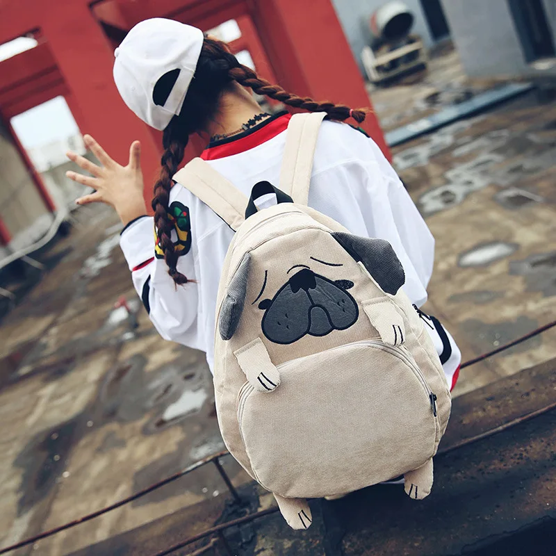 

Canvas Cute Dog Fox Ear Embroidery Corduroy Backpack Female Women Backpack Schoolbag Vintage Notebook Backpack For Girls School