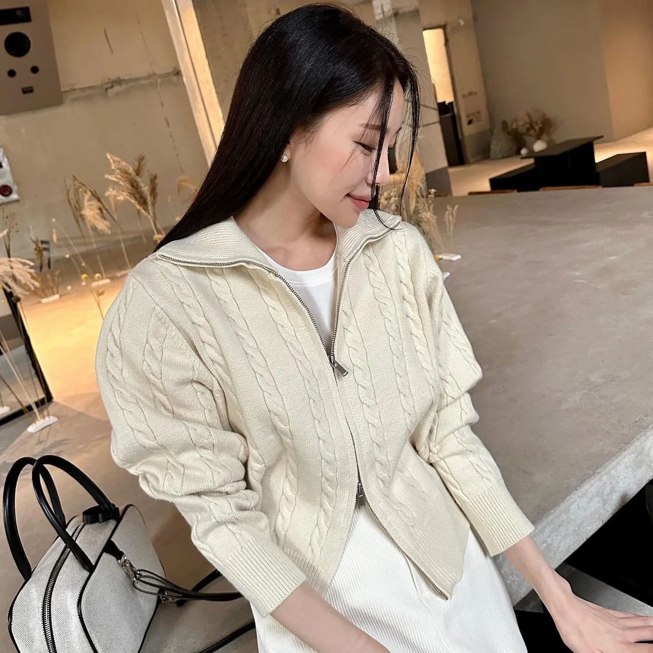 Корейский Sle Ретро Элегантный воротник-стойка Свободный повседневный вязаный