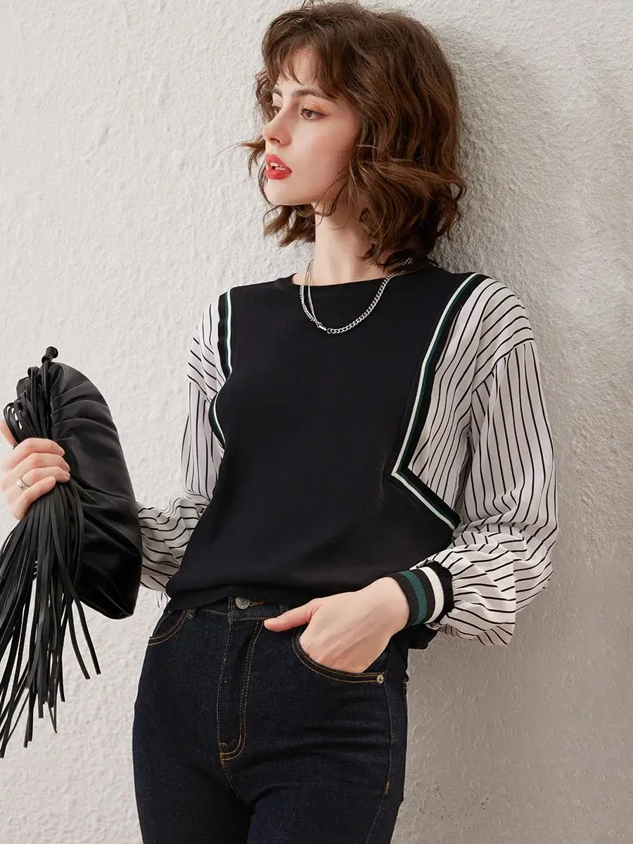 Женский трикотажный пуловер с круглым вырезом и длинным рукавом