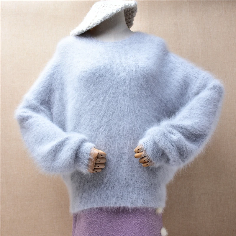 

Ladies Women Fall Winter Clothing Grey Hairy Mink Cashmere Knitted Long Batwing Sleeves O-Neck Loose Pullover Jumper Sweater Top