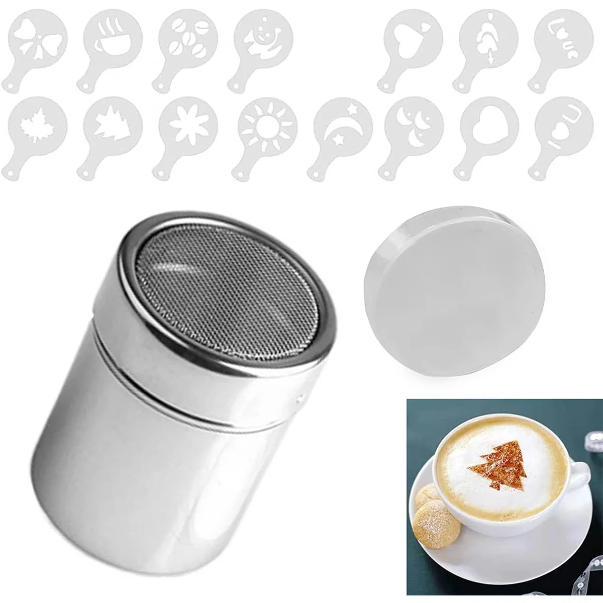 

1pc Stainless Steel Chocolate Shaker Cocoa Flour Coffee Sifter w/ 16pcs Coffee Stencils Template Strew Pad Duster Spray Tools