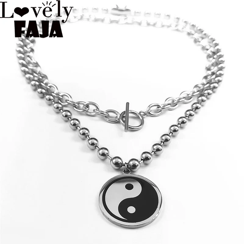 

Hip Hop Yin Yang Gossip Pendant Double Layer Necklace Stainless Steel YinYang Tai Chi Choker Taiji Necklaces Jewelry Gift NK67S0