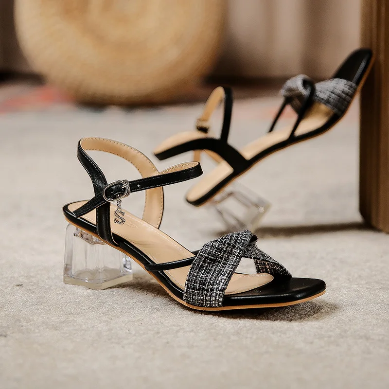 

Slip-on Shoes Summer New Crystal Bottom Thick Heel Square Toe Belt Outside Wear Sandals Women Open Toe Shoes Sandalias De Tacon