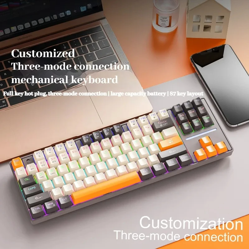 MK87 RGB Wireless Bluetooth Mechanical Keyboard 87 Keys Hot Swappable USB Backlit Three Modes for Gaming and Work |