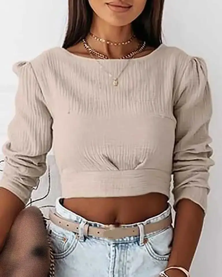 

Fashion Woman Blouses 2022 Long Sleeve Tied Detail Backless Crop Top Casual Daily Chic Round Neck One Piece Woman Clothes