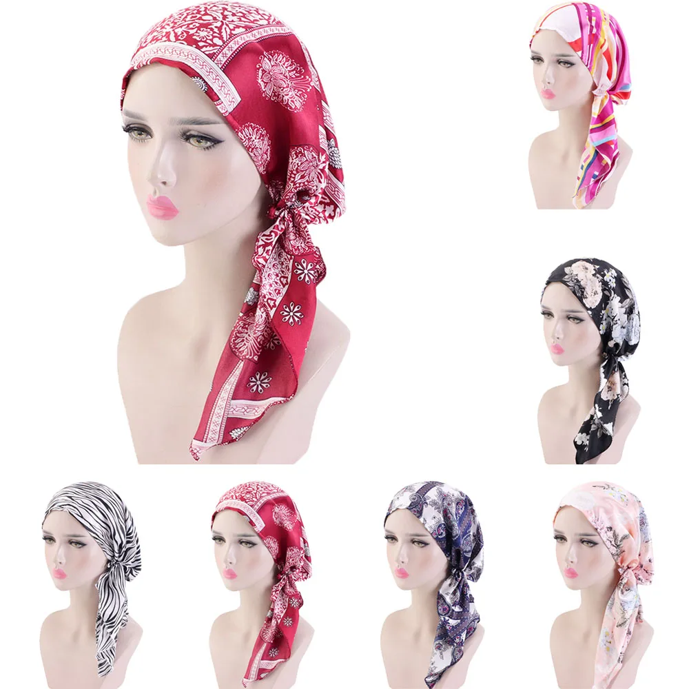 

Satin Women Pre-Tied Muslim Hijab Chemo Cap Sleep Night Hat Cancer Bonnet Turban Printed Bandana Strech Beanies Headwrap Scarf