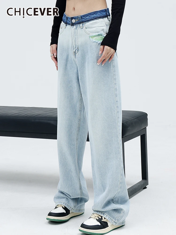 

Модные свободные джинсовые брюки CHICEVER в Корейском стиле с цветными блоками, женские длинные широкие джинсы с высокой талией и карманами в с...