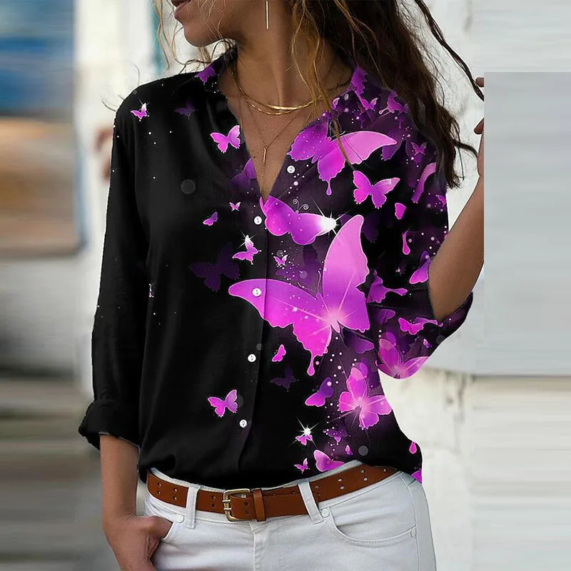 

Sexy Turndown Collar Clothing Blusas Autumn New Butterfly Print Women Blouses Shirts Vintage Ladies Slim Button Long Sleeve Tops