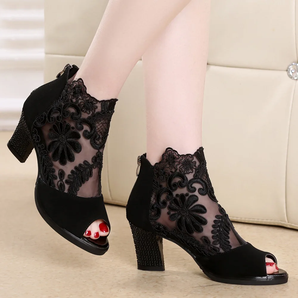 New Thick Heel Sandals Women's Summer Fish Mouth Women's Shoes Rhinestone High Heels Women's Black Mother Shoes Women