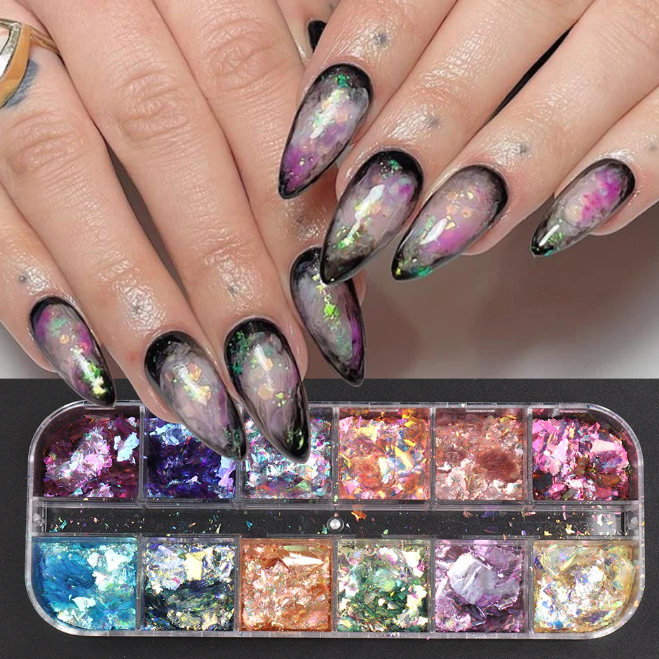 

12 Grids Iridescent Ice Crystal Opal Sequins Nails Flakes Holo Sparkly Brocade Aurora Glitter Powder Dust Charms Manicure SAYFH