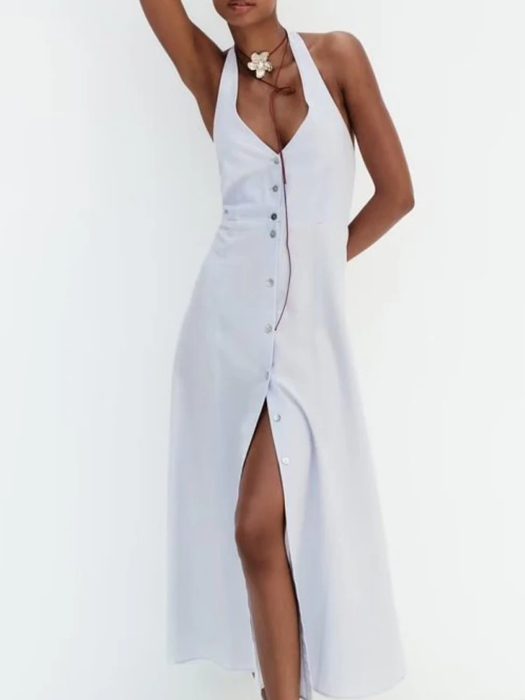 

2023 Women Summer MIDI Dress Fashion Solid Strapless Buttons Halter Split Female Elegant Street Dresses Clothing