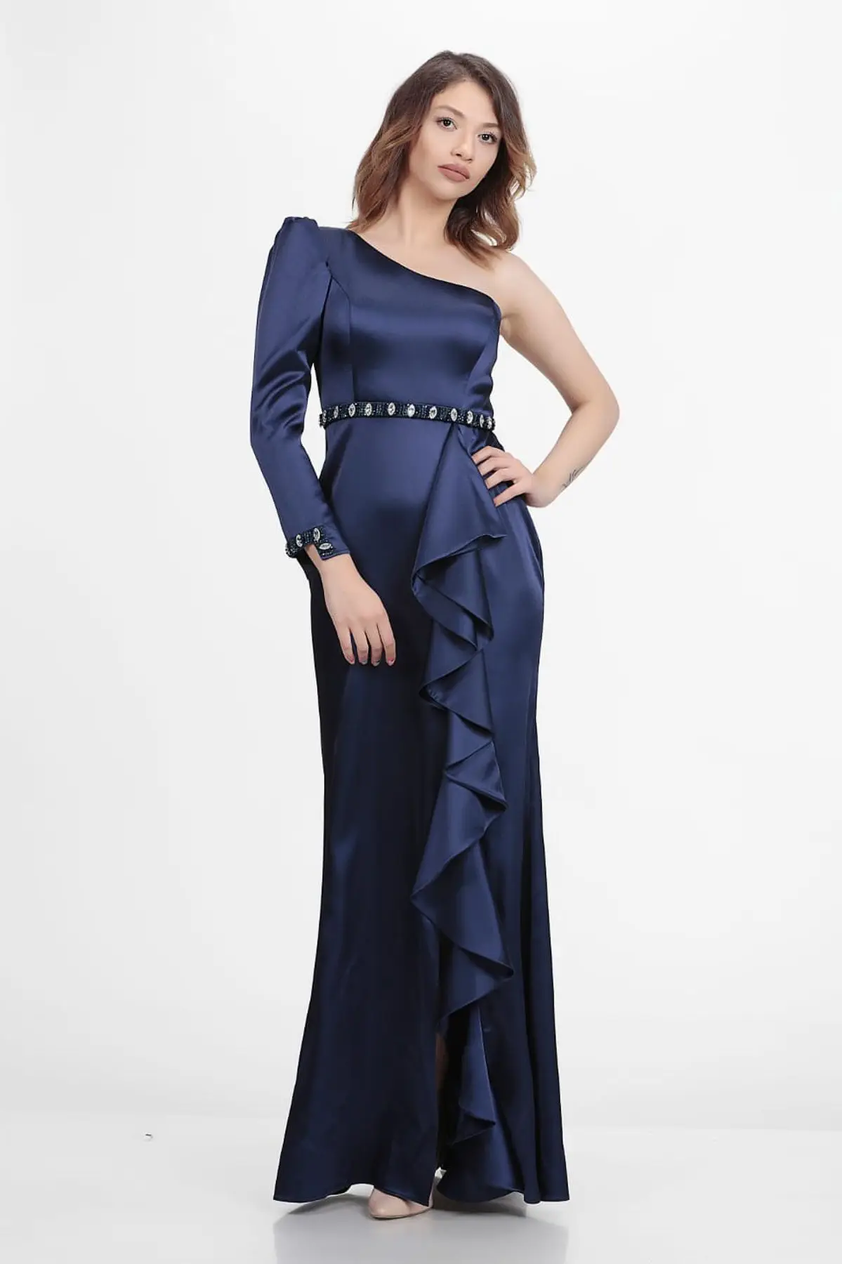 

One-Shoulder Crystal Prom Dresses 2023 Ruffles Long Sleeves Floor-Length Elegant Robes De Soirée платье вечернее