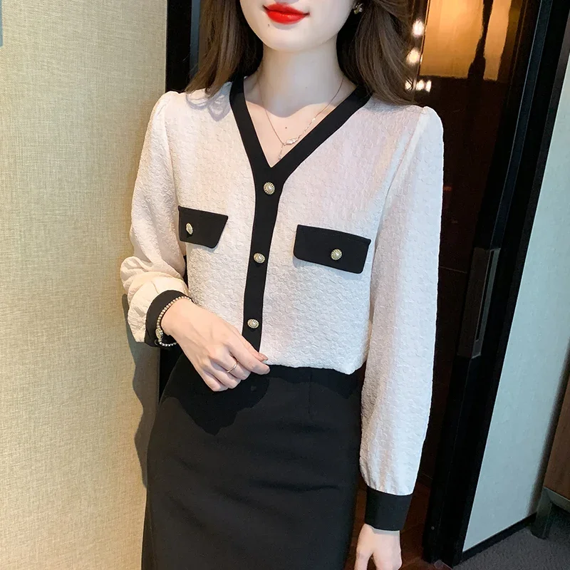 Осенняя женская рубашка с длинным рукавом модная абрикосовая шифоновая блузка