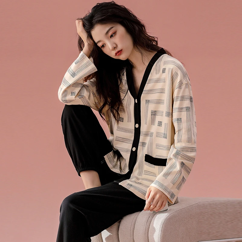 CAIYIER Autumn Winter Cotton Pajamas Set Grapes Leisure Cardigan Sleepwear Soft Long Sleeve Trousers Female Nightwear Homewear