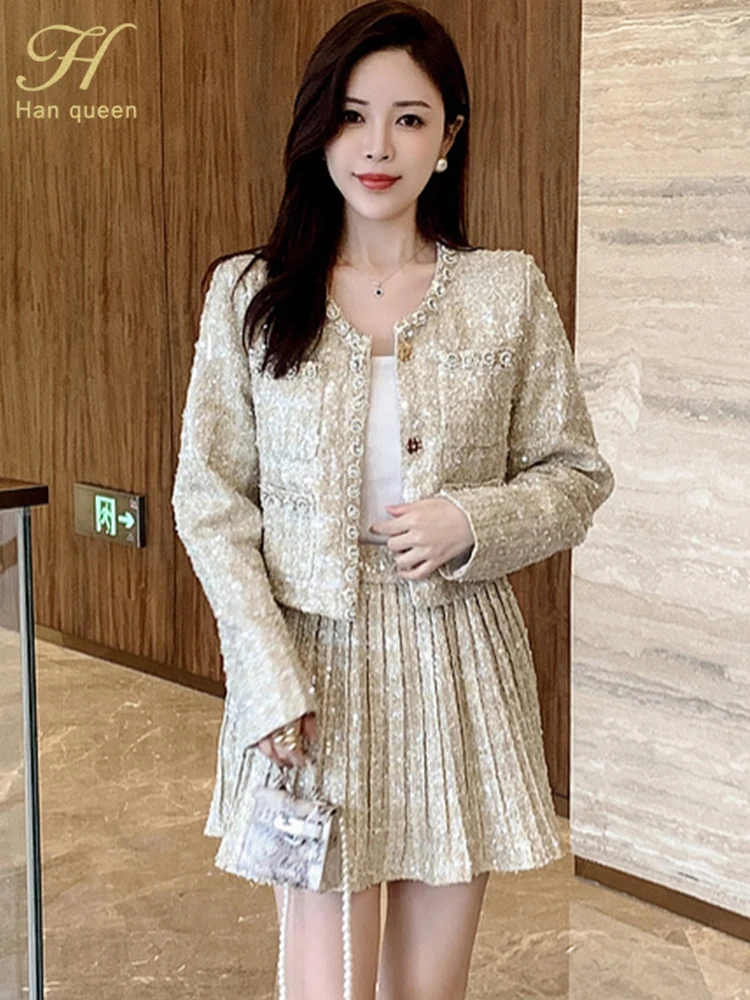 

Женский костюм с плиссированной юбкой H Han Queen, повседневный офисный костюм из двух предметов, однобортный короткий пиджак с карманами и модная плиссированная юбка, зима 2023