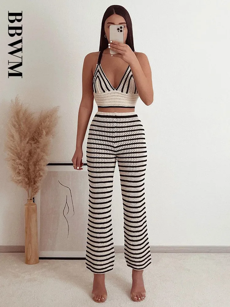 Женский трикотажный комплект из 2 предметов винтажная полосатая кофта и длинные