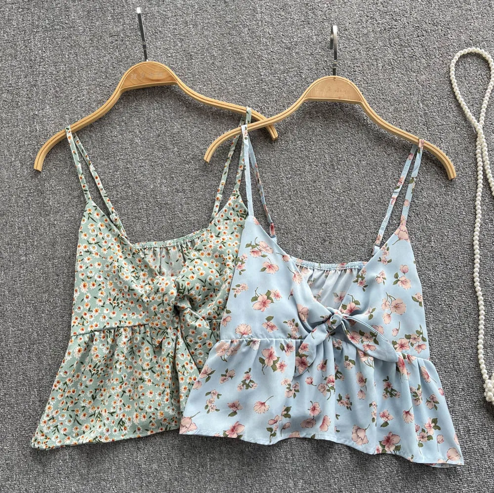 

Женский жилет с цветочным принтом, на шнуровке, Летний сезон 2022, новинка, модная пикантная короткая майка без рукавов, топы, женская одежда, ...