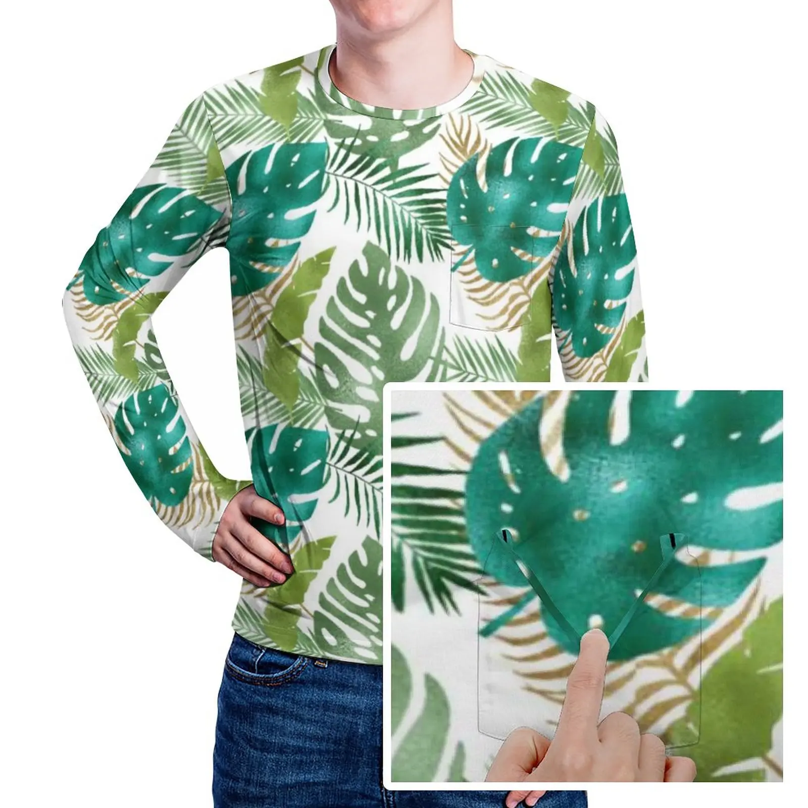 

Футболка мужская с карманом и длинным рукавом, Классическая дизайнерская рубашка в стиле Харадзюку, с зелеными пальмовыми листьями, цвет металлик